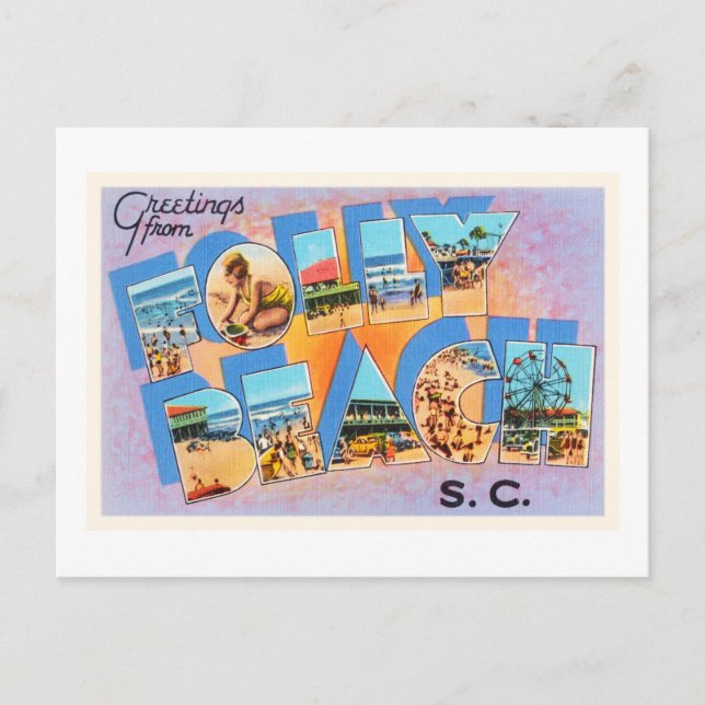 Postal vieja vieja vieja de la playa de Folly Beac (Anverso)