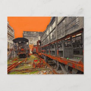 Postal Viejas locomotoras rustas y vagones de tren