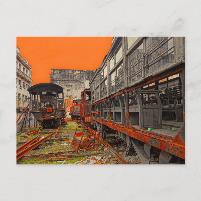 Postal Viejas locomotoras rustas y vagones de tren (Anverso)
