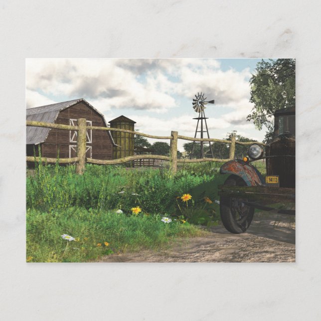 Postal Viejo Barn Rojo y Rusty Truck Postcard (Anverso)