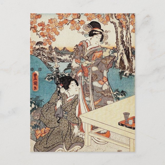 Postal Viejo desplazamiento ukiyo-e geisha japonés (Anverso)