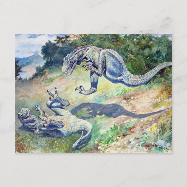 Postal Viejo Dinosaurios de Lucha de 1897 de Charles Knig (Anverso)