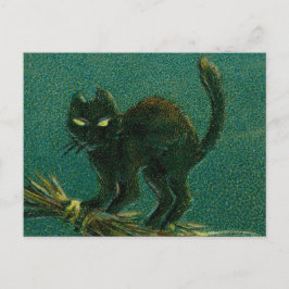 Postal Viejo gato negro en Broom Halloween