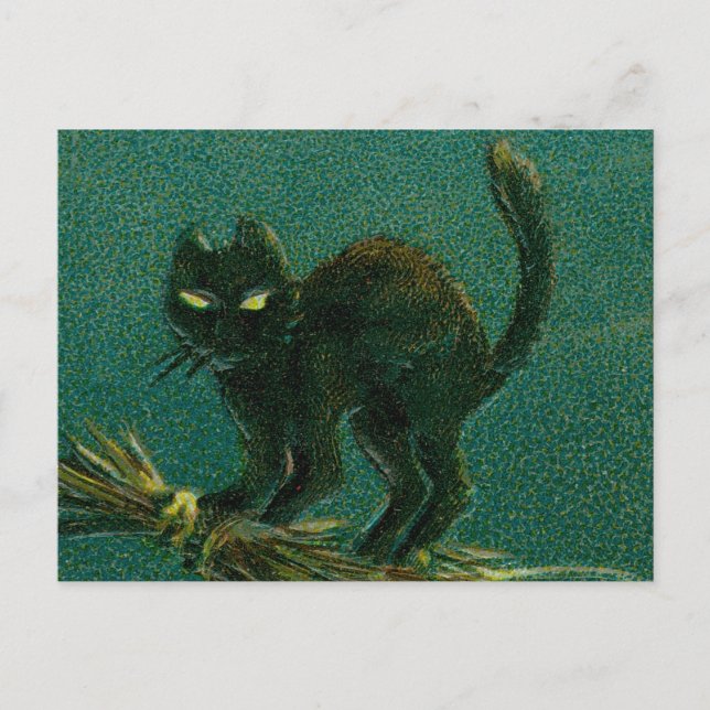 Postal Viejo gato negro en Broom Halloween (Anverso)
