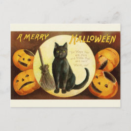 Postal Viejo gato negro y calabazas de Halloween victoria