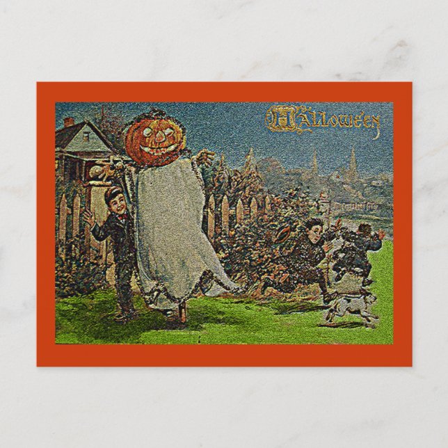 Postal Viejo Jack o'Lantern Scarecrow and Boys (Anverso)