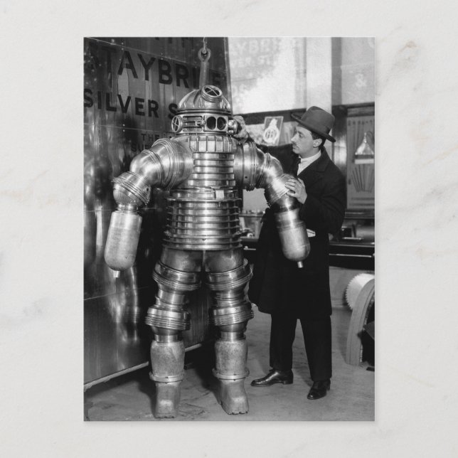 Postal Viejo juego de buceo con robots victorianos (Anverso)