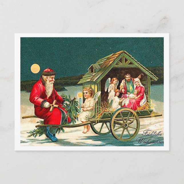 Postal Viejo Papá Noel con la familia de Jesús, religiosa (Anverso)