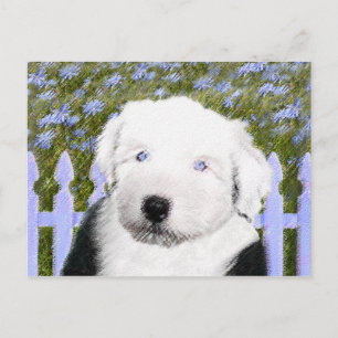 Postal Viejo perro pastor inglés con pintura de cachorros