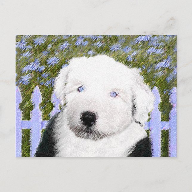 Postal Viejo perro pastor inglés con pintura de cachorros (Anverso)