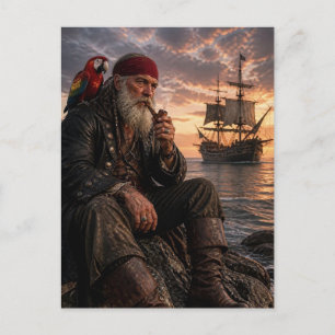Postal Viejo Pirata y Guacamayo Escarlata al Atardecer