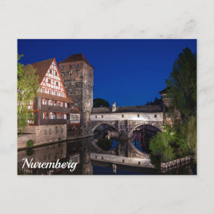 Postal Viejo puente medieval de noche en Nuremberg, Alema