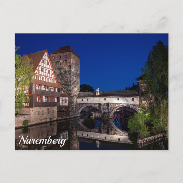 Postal Viejo puente medieval de noche en Nuremberg, Alema (Anverso)