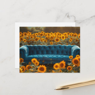 Postal Viejo Sofá Azul en Girasoles