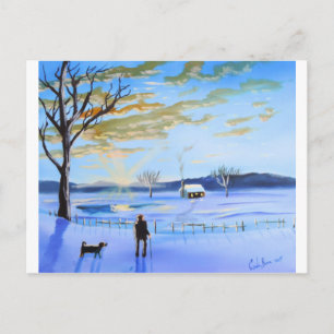 Postal Viejo y su perro pintura de nieve de invierno