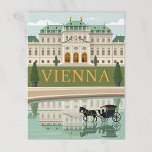 Postal Viena, Austria<br><div class="desc">escena vectorial de 4.000 m de Viena, Austria, destacando el palacio Belvedere con una piscina reflectante delante y un carruaje clásico dibujado en negro que pasa por delante. Destacar la simetría, los elementos neoclásicos y la vegetación de relleno sólido. Usar colores mullidos pero majestuosos (crema, verde bosque, oro suave). Incluir...</div>