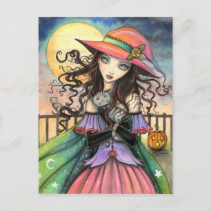 Postal Vientos de Halloween Brujas Tabby Cat Art