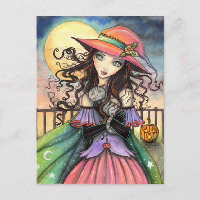 Postal Vientos de Halloween Brujas Tabby Cat Art (Anverso)
