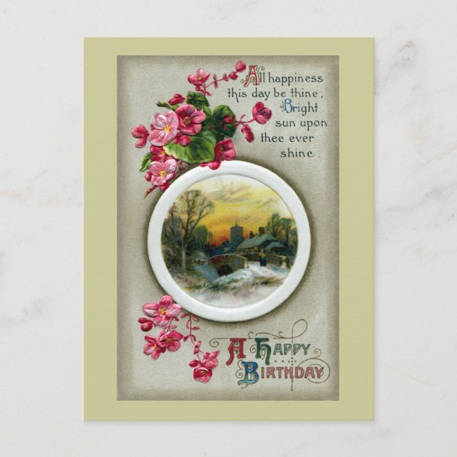 Postal Vignette Vintage Birthday de Pink Begonias (Anverso)