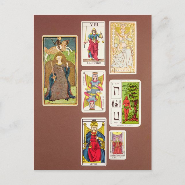 Postal VIII justicia, siete cartas de tarot (Anverso)