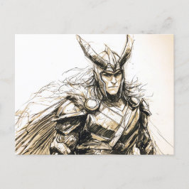 Postal Viking Deity Sketch Pen Drawing of Norse God Loki