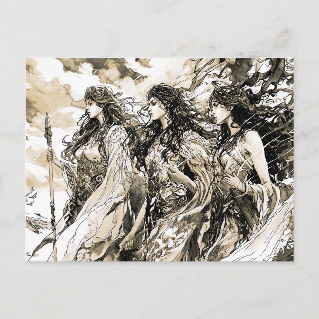 Postal Viking Drawing of a Norse God three norns (Anverso)