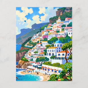 Postal Villa Positano, Italia, acuarela de la costa itali