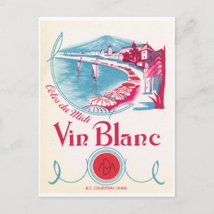 Postal Vin Blanc Vino blanco Crema azul rosa Etiqueta de