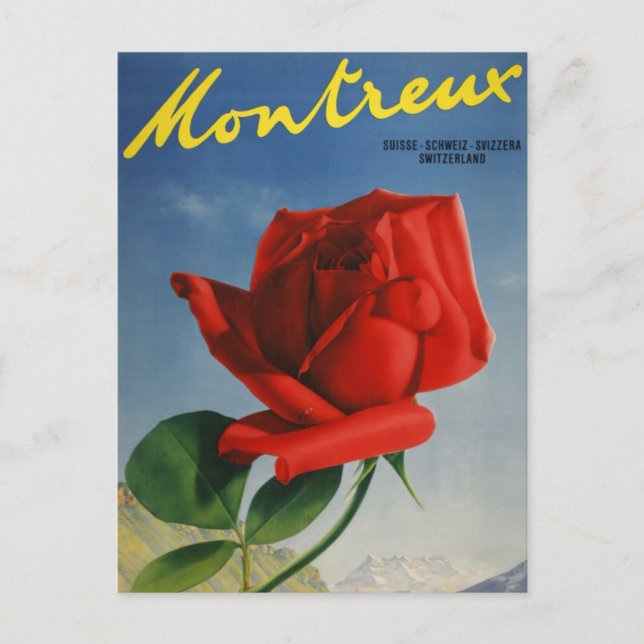 Postal Viñage Montreux Red Rose Suiza Lago Ginebra (Anverso)
