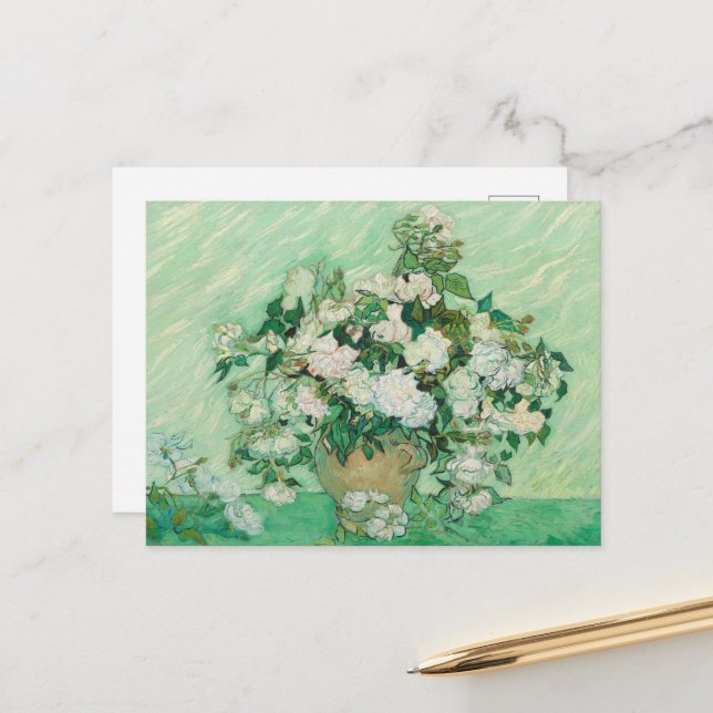 Postal Vincent Van Gogh, Base de Rosas, Rosas En El Caso (Anverso/Reverso In Situ)
