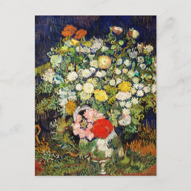 Postal Vincent van Gogh Bouquet de flores pintando (Anverso)