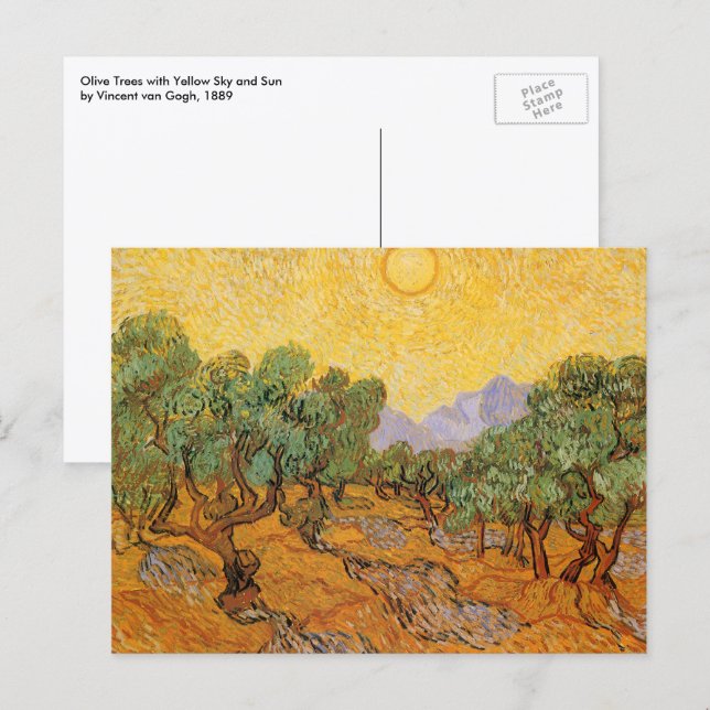 Postal Vincent van Gogh - Olivos, cielo amarillo y sol (Anverso / Reverso)