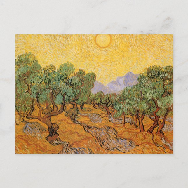 Postal Vincent van Gogh - Olivos, cielo amarillo y sol (Anverso)