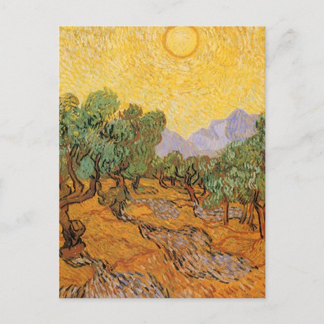 Postal Vincent van Gogh - Olivos, cielo amarillo y sol (Anverso)