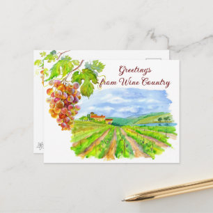 Postal Viñedo y Uvas Soleados – País del Vino a la Acuare