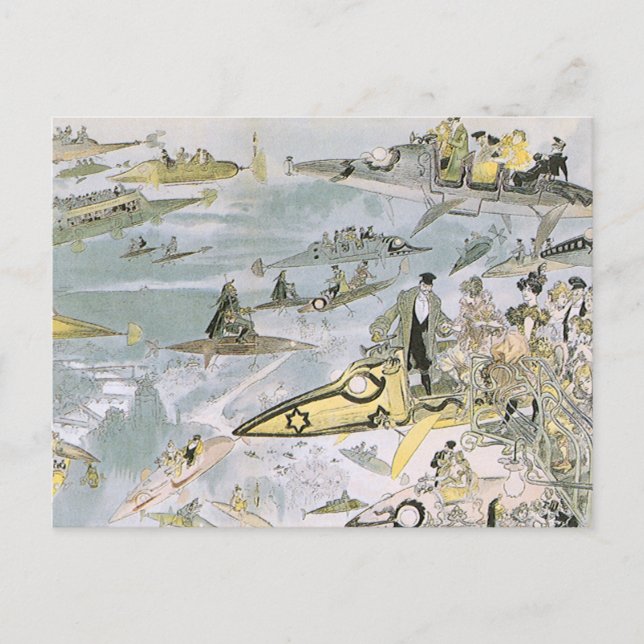 Postal Viñeta Ciencia Ficción Carros Futuristas, taxis (Anverso)