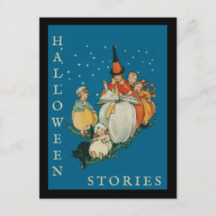 Postal Viñeta Halloween Storytime Pequeña Bruja Gato Negr