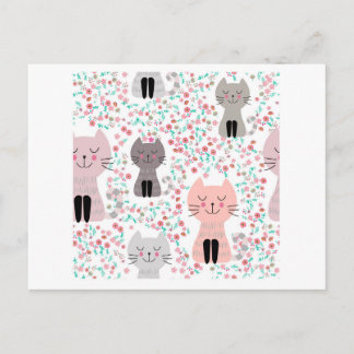 Postal Viñeta lindo gatito en el jardín de flores