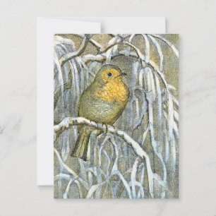 Postal Viñeta Robin en una rama nevada