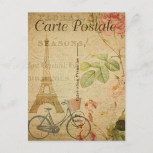 Postal Viñeta Torre Eiffel Paris Bicicleta Floral Francés