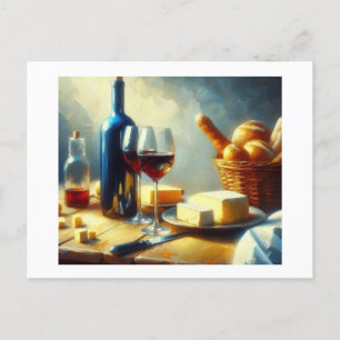 Postal Vino con queso y rollos,