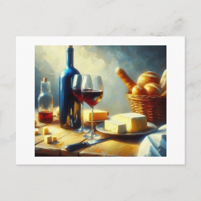 Postal Vino con queso y rollos, (Anverso)