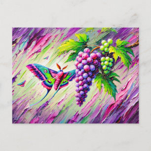 Postal Vino Halcón-Moth entre uvas en pinturas de aceite