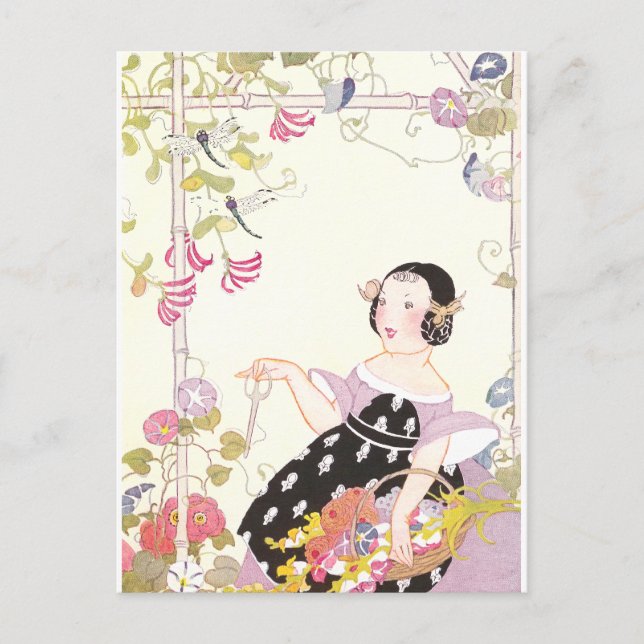 Postal Vino y Chica con flores de corte (Anverso)