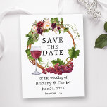 Postal Vinos de uva acuarela Floral Wreath Save the Date<br><div class="desc">Moderna y elegante color de agua Uvas y vid Wreath Save The Date Boda Invitación Postcard incluye rosas borgoñas,  rosas rosadas,  rosas rojas y vegetación botánica.</div>