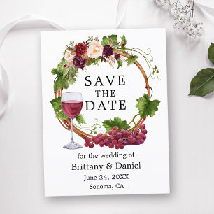 Postal Vinos de uva acuarela Floral Wreath Save the Date
