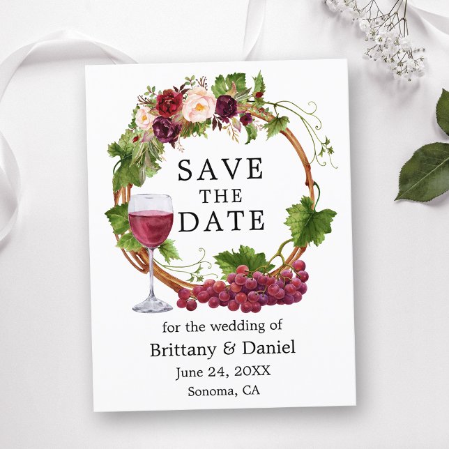 Postal Vinos de uva acuarela Floral Wreath Save the Date (Customize to change text size or text style.)