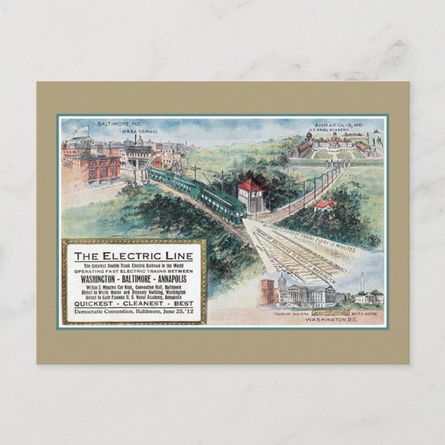 Postal Vintage 1912 Línea de ferrocarril eléctrico Baltim (Anverso)