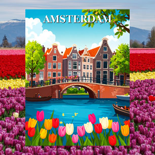 Postal Vintage Amsterdam Viaje Con Tulipanes