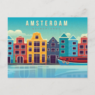 Postal Vintage Amsterdam Waterfront & Bote